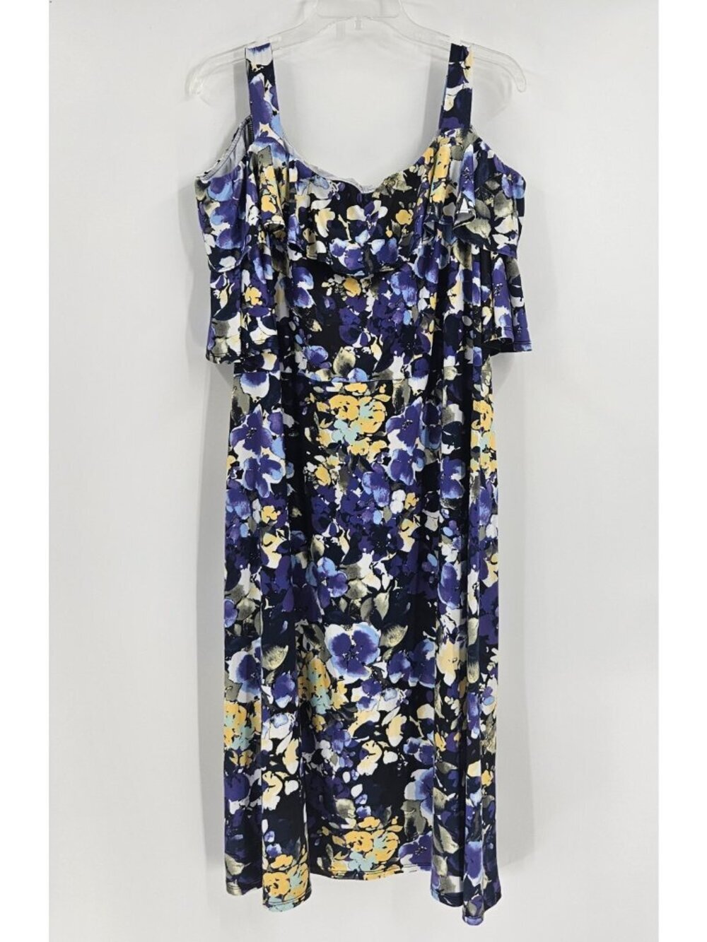 Catherines Women's 2X Blue Purple Floral Cold Shoulder Ruffle Dress Stretch Knee